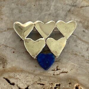 Vintage Sterling Silver 925 1.5" Stacked Hearts Blue Lapis Brooch